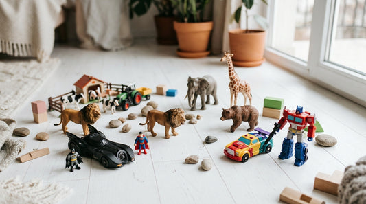 Colecție de figurine și seturi de joacă pentru copii, inclusiv animale, vehicule și roboți