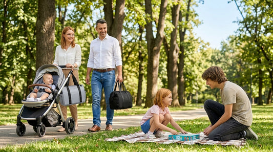 Familie fericită în parc ilustrând tendințele parenting 2026 adaptate vârstei copiilor