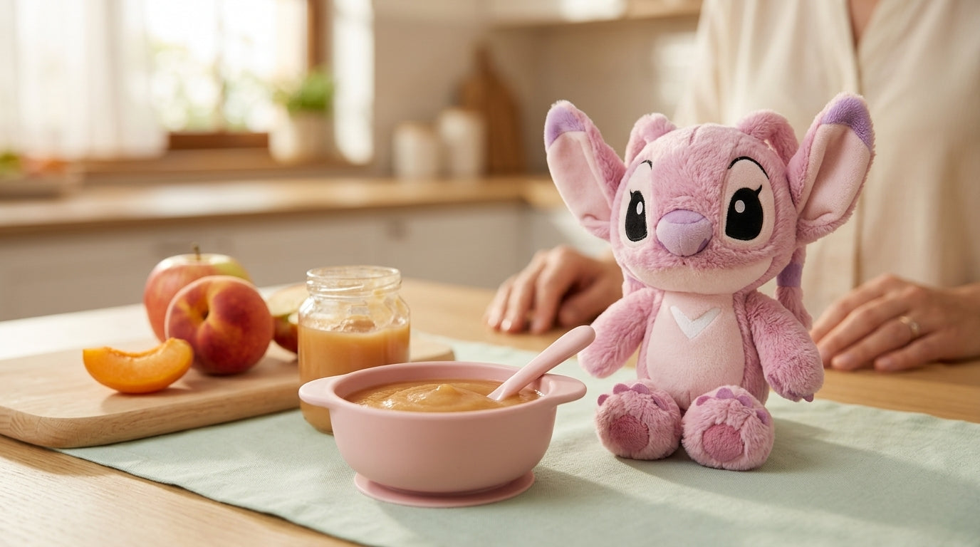 Piure bio GERBER și jucărie de pluș DISNEY Angel Flopsies pe masa bebelușului