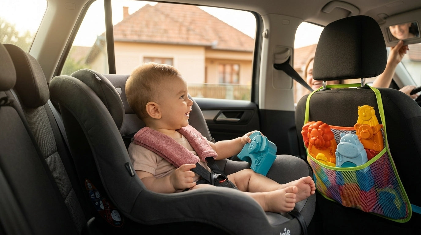 Bebelus in scaun auto cu protectii pentru centura, ilustrand siguranta copii in masina