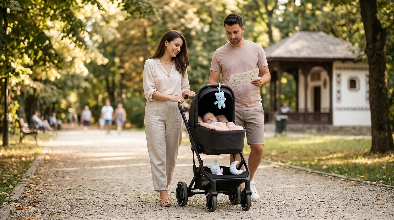 Familie modernă în parc cu cărucior, stil de viață activ parenting 2026