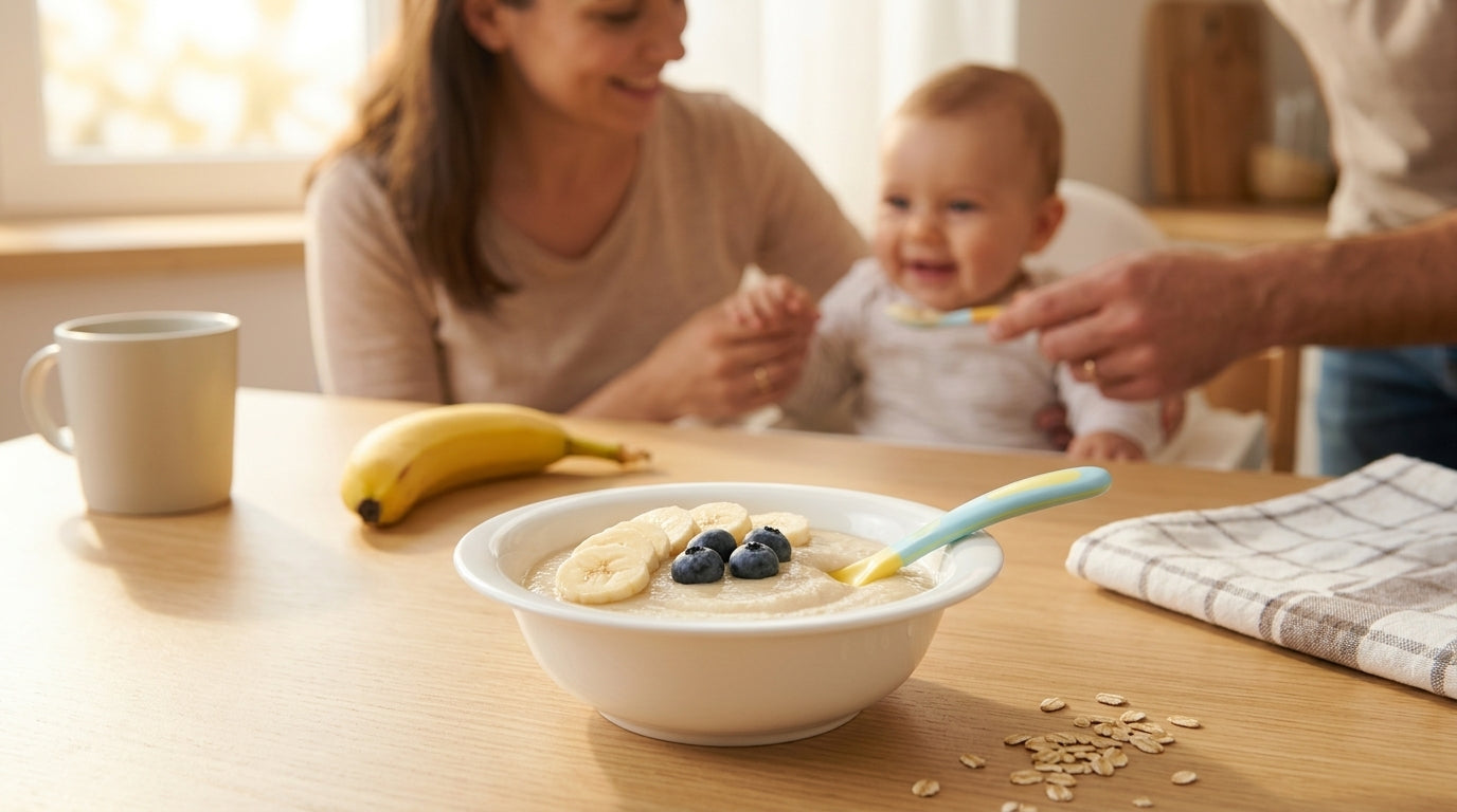 Terci de cereale gătite cu fructe pentru bebeluși, într-un bol alb, cu banană și afine, gata de servire.