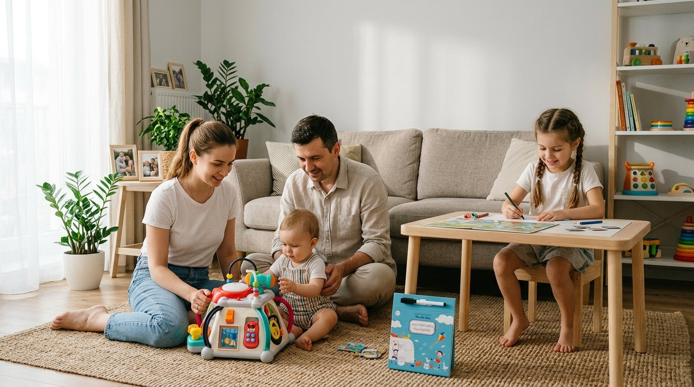 Familie petrecând timp de calitate acasă cu activități educative pentru copii