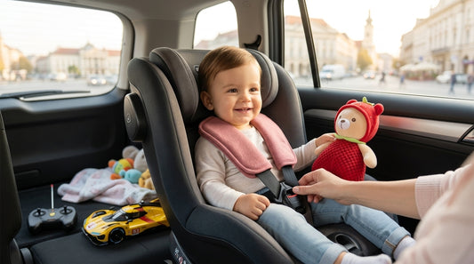Copil în siguranță în scaun auto cu protecție pentru centură, ilustrând tendințele 2026 pentru siguranța copiilor în mașină