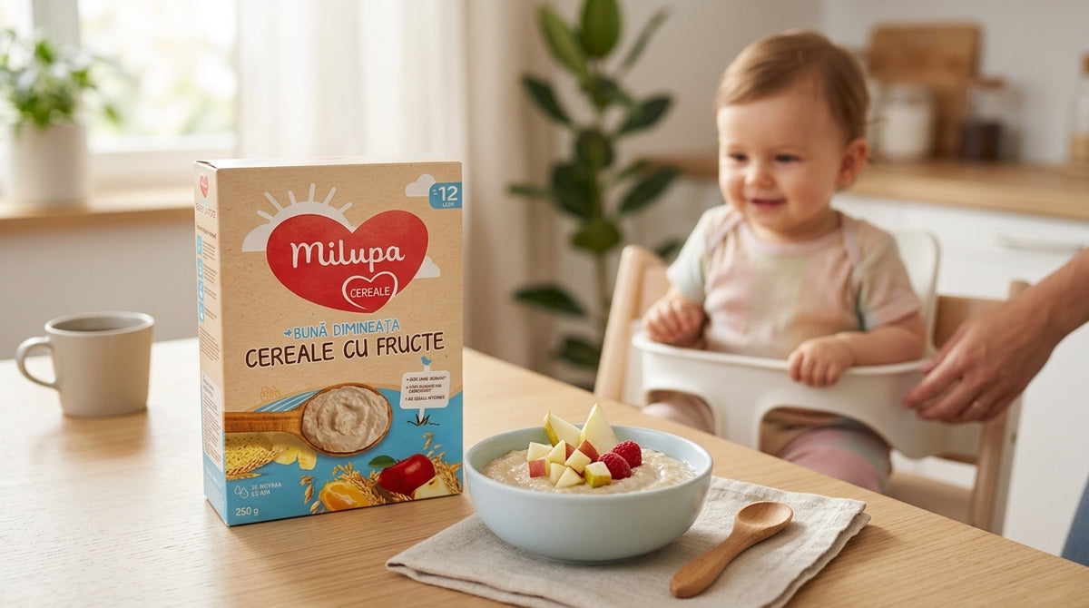 MILUPA Buna dimineata, cereale, cu fructe, +12 luni, 250 g - pachet și bol cu cereale