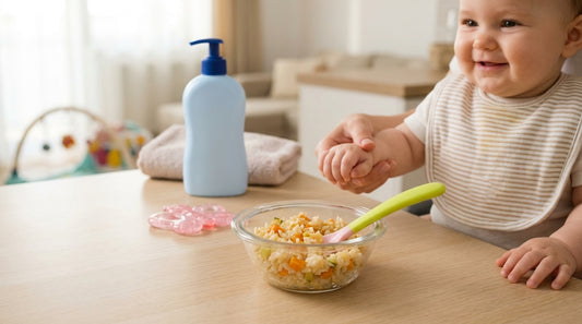 Bol cu pilaf de orez si legume pentru bebelusi, textura moale, lingurita colorata, fundal luminos de bucatarie