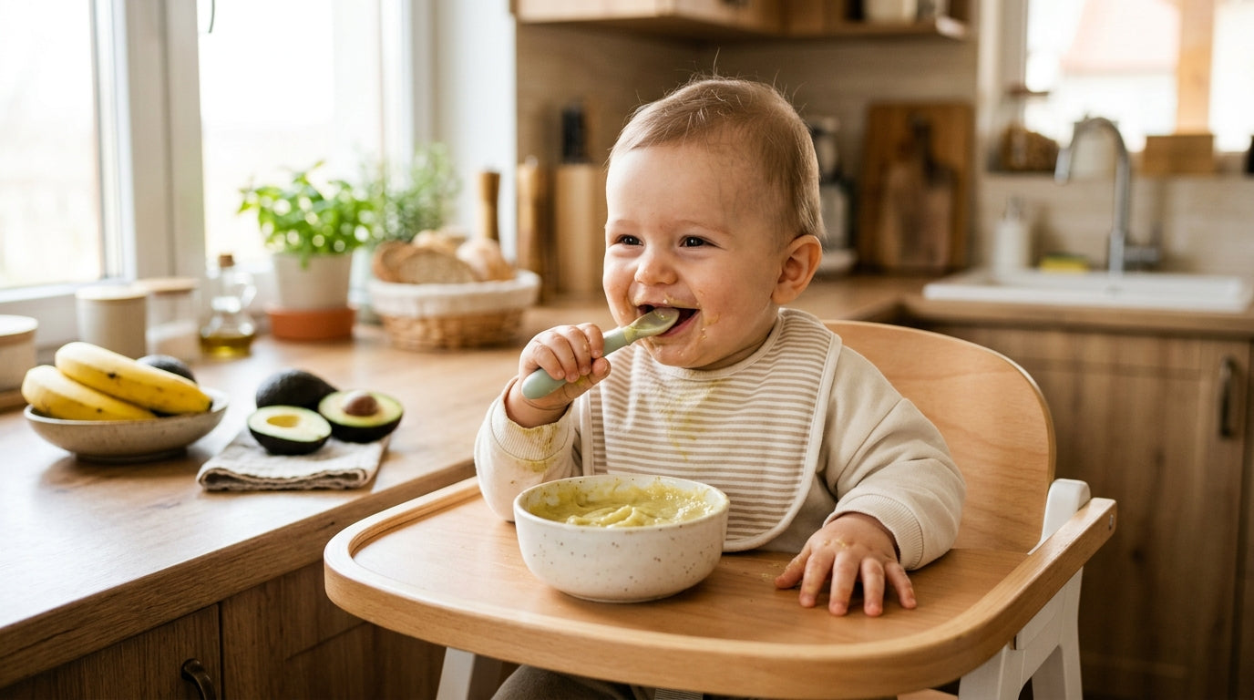 Bebeluș mâncând piure de avocado și banana, rețetă sănătoasă pentru diversificare