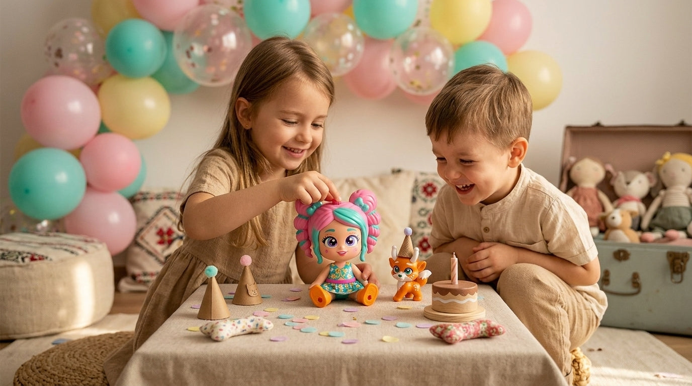 Papusa KookyLoos Pets Party cu expresii faciale schimbatoare si animalut de companie