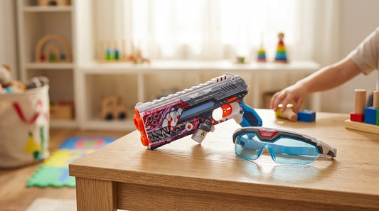 X-Shot Arma de Jucarie Blaster Skins laser 360 pe o masă, alături de ochelari de protecție pentru copii