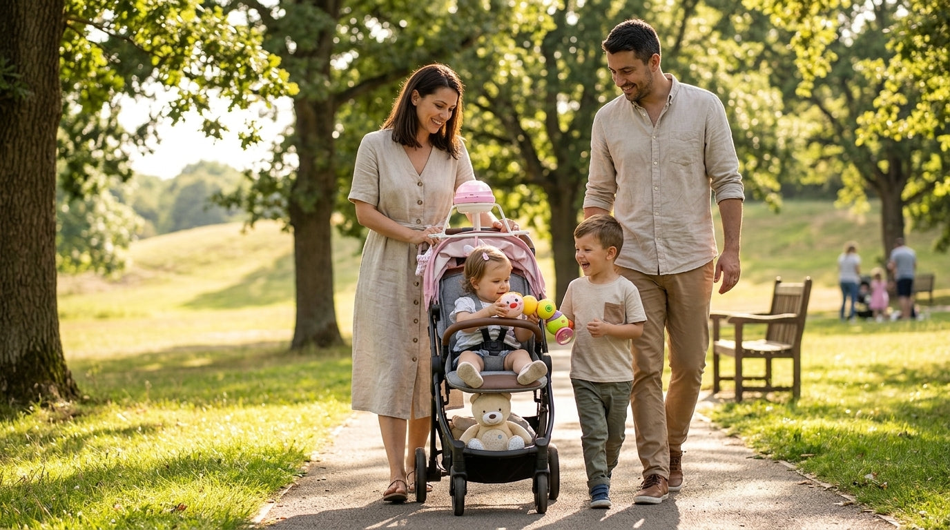 Familie cu copii la plimbare în parc – tendințe parenting 2026