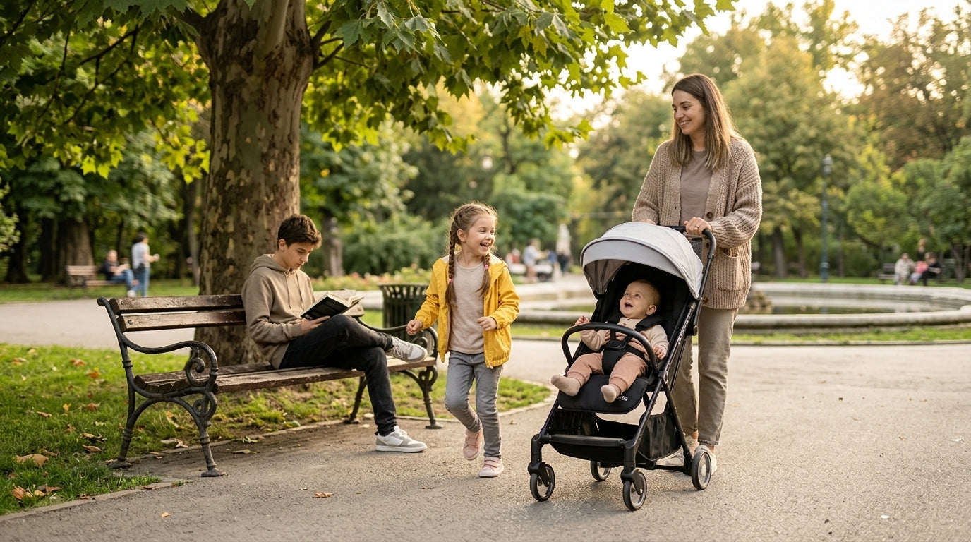 Familie în parc cu copii de vârste diferite, ilustrând sfaturi de parenting adaptate vârstei