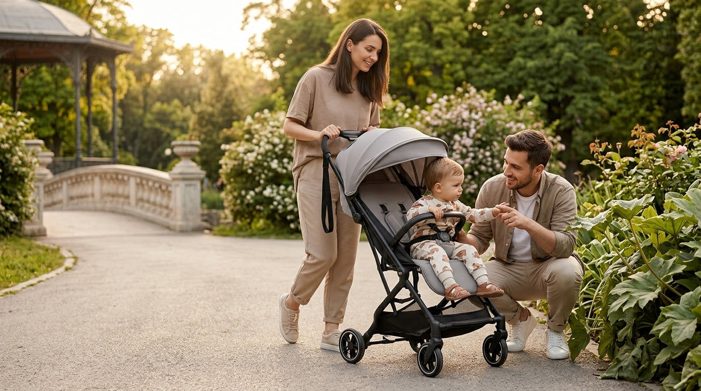Familie cu copil în parc, cărucior sport Kinderkraft, tendințe parenting 2026