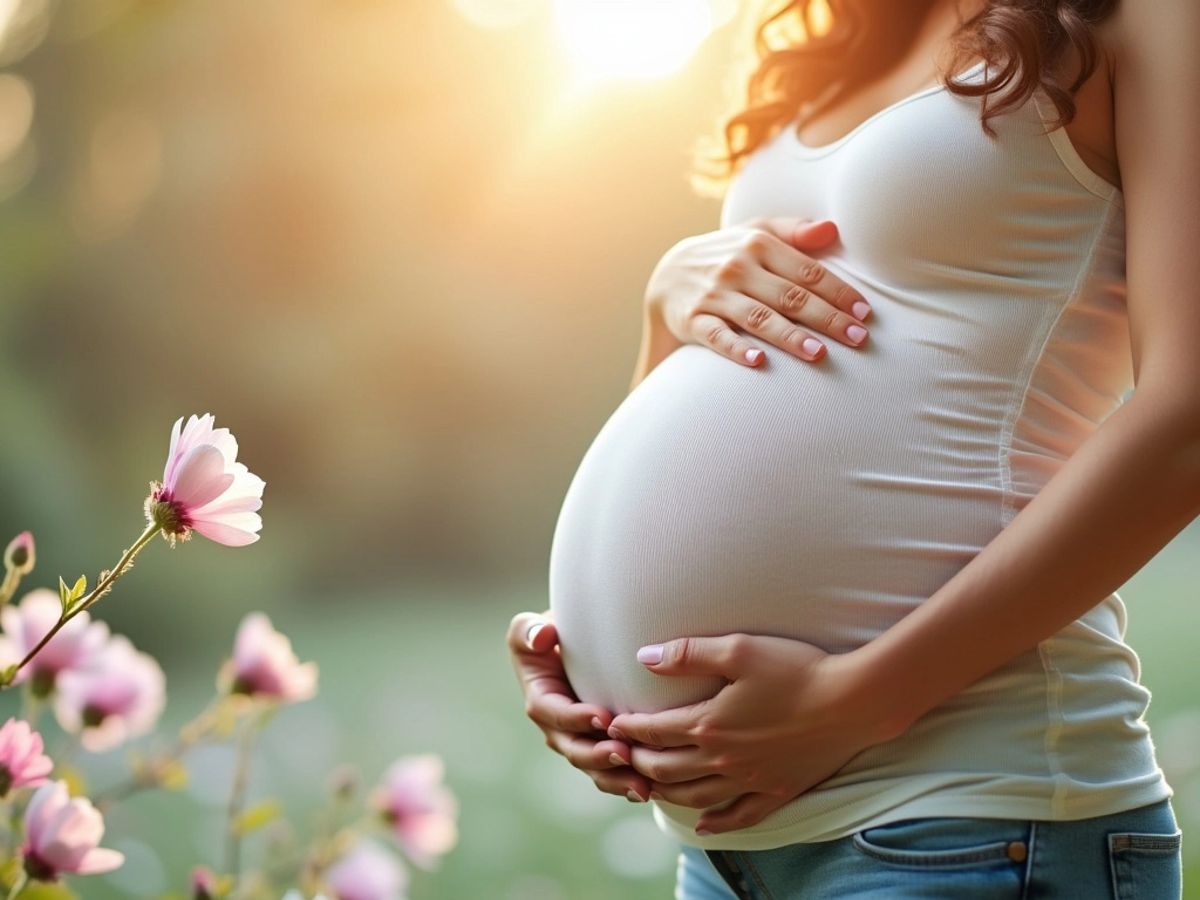 Femeie însărcinată ținându-și burtica într-un peisaj liniștit.