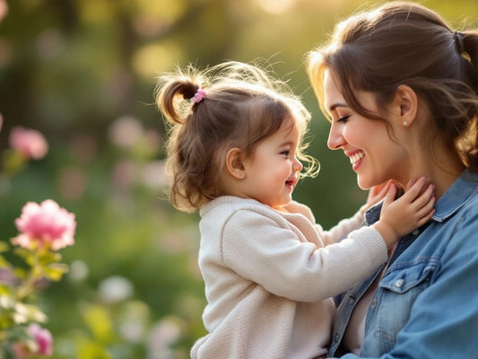 Mama și fiica într-un parc plin de flori.