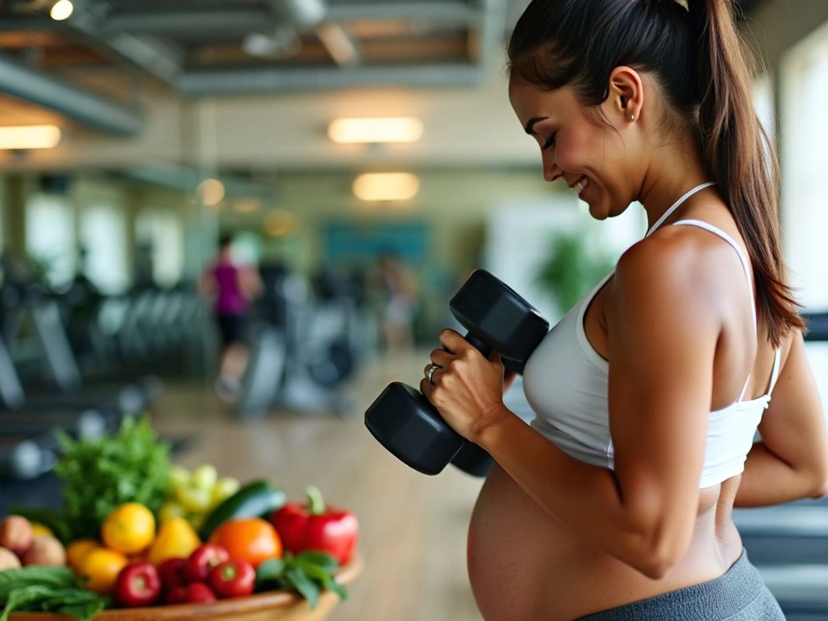 Femeie însărcinată exercițiu cu greutăți și alimente sănătoase.