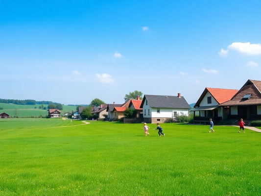 Peisaj rural românesc cu case tradiționale și câmpuri verzi.