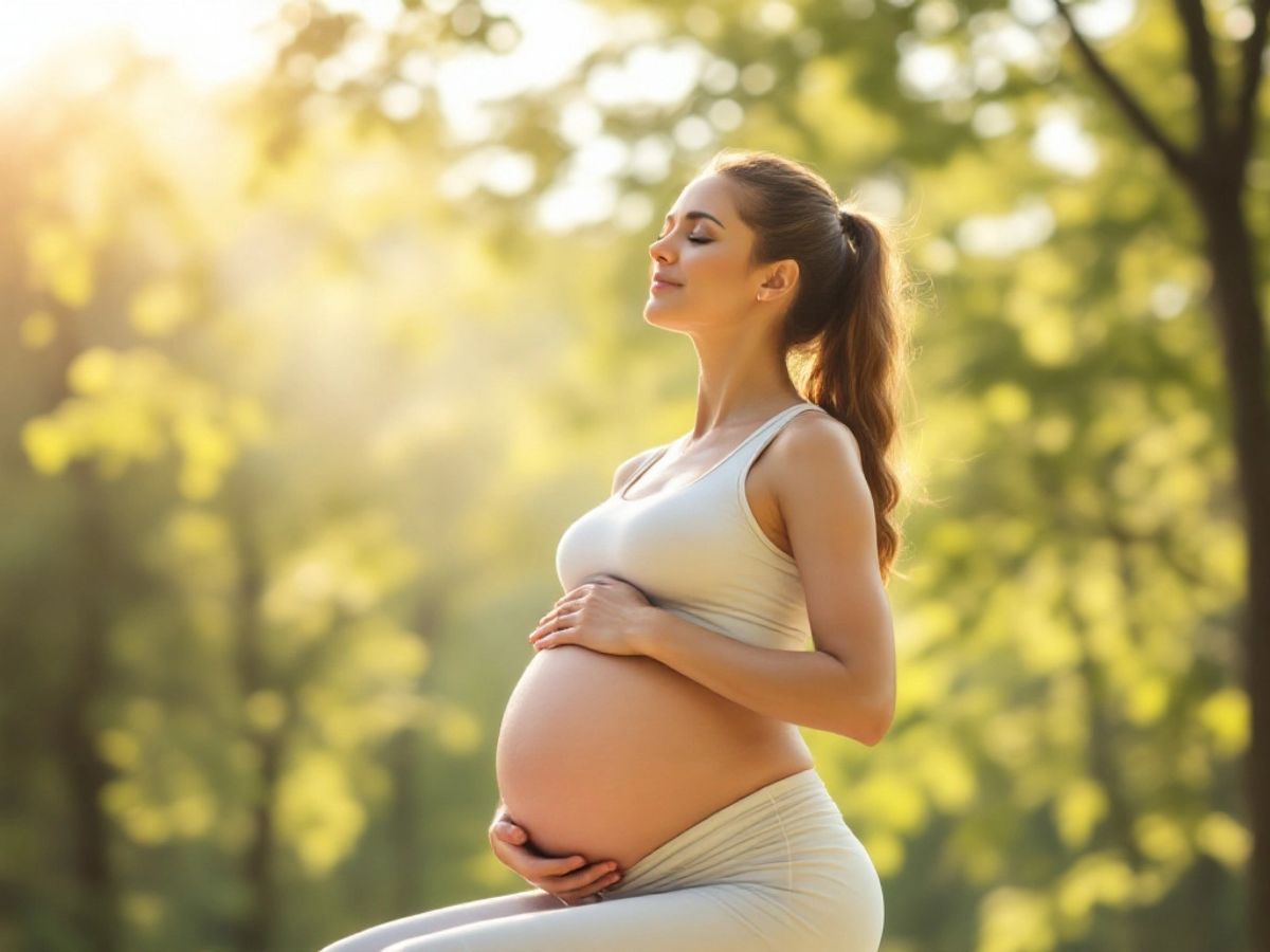 Femeie însărcinată practicând yoga în natură.