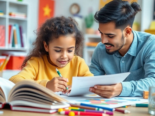 Copil studiază cu un părinte în mediu educațional.