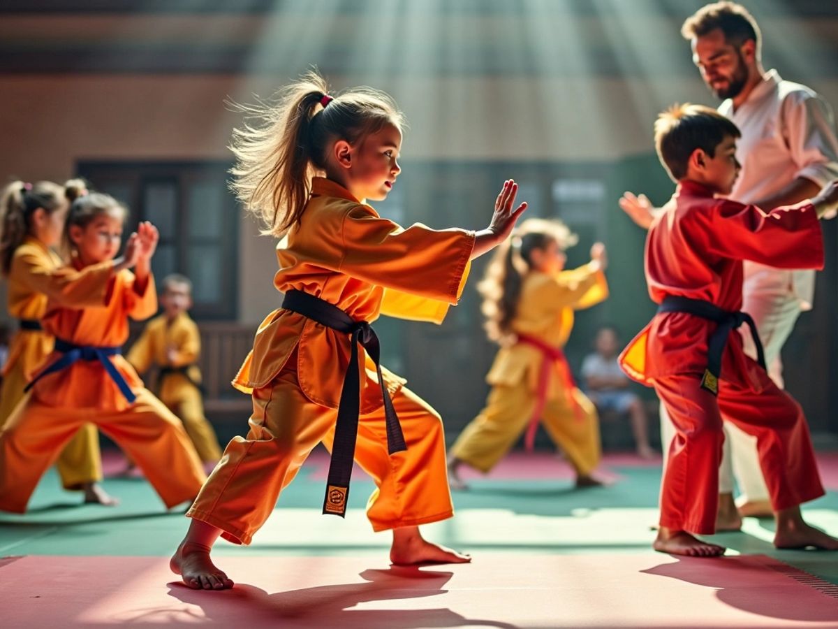 Copii practicând arte marțiale într-un dojo.