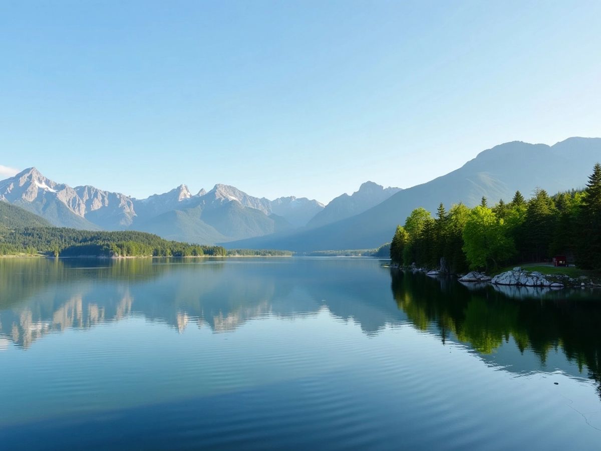 Peisaj liniștit cu lac, copaci verzi și munți.