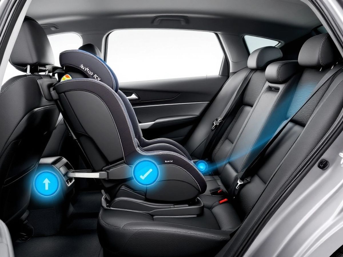 Scaun auto Isofix montat, interior modern al mașinii.