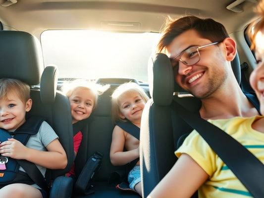 Familie în mașină, copii în scaune de siguranță.