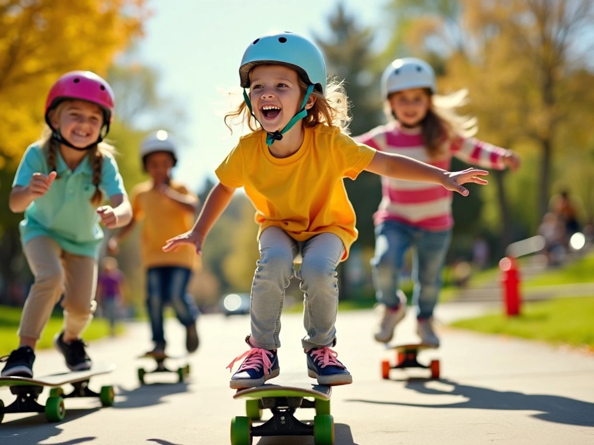 Copii pe skateboarduri colorate, distracție și siguranță.