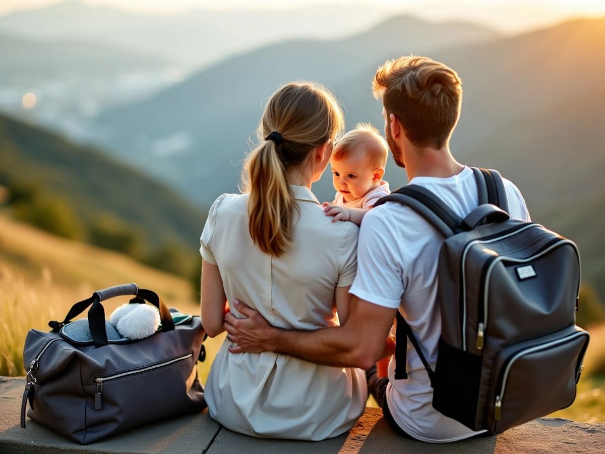 Familie călătorind cu bebelușul și accesorii de călătorie.