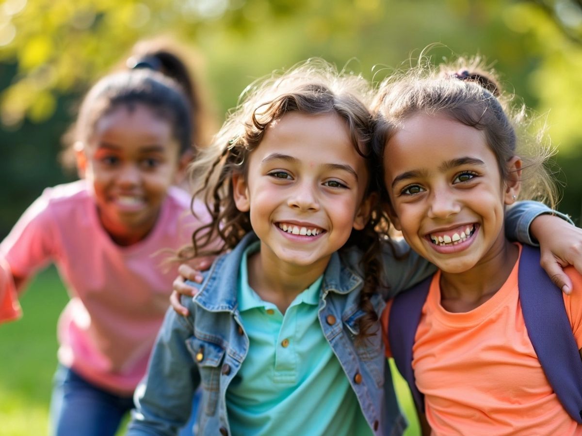 Grup de copii diversificați jucându-se împreună în aer liber.