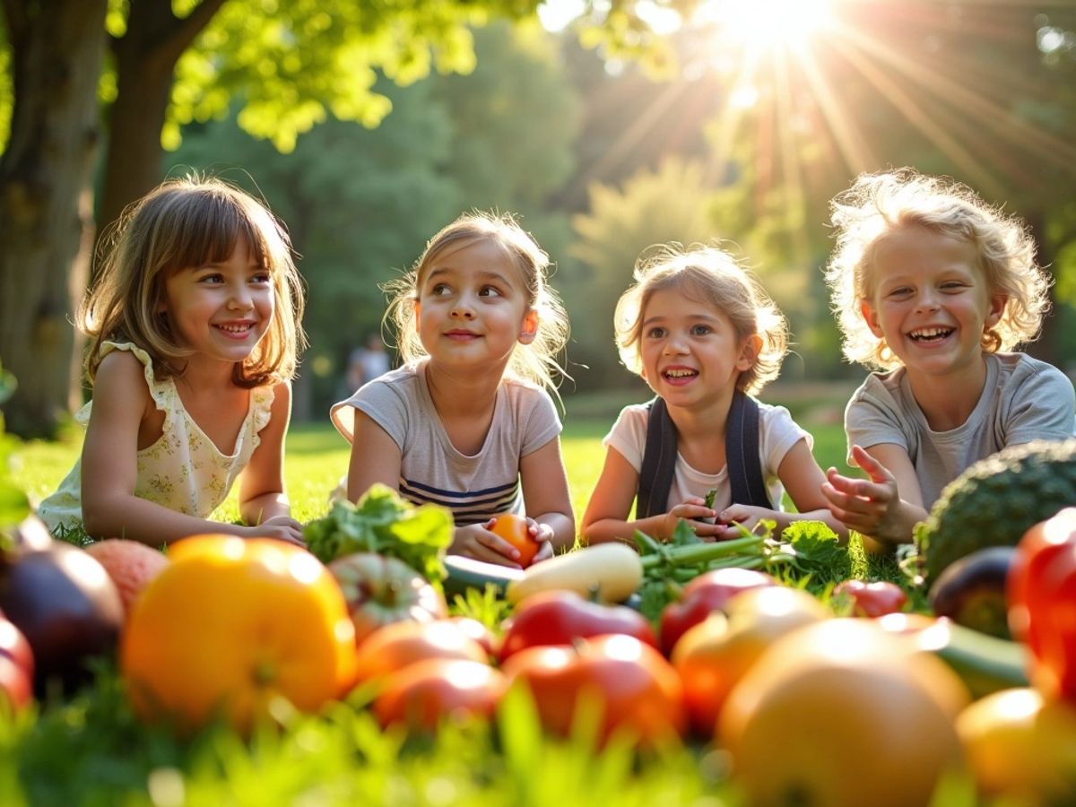 Copii jucându-se în aer liber, înconjurați de fructe.