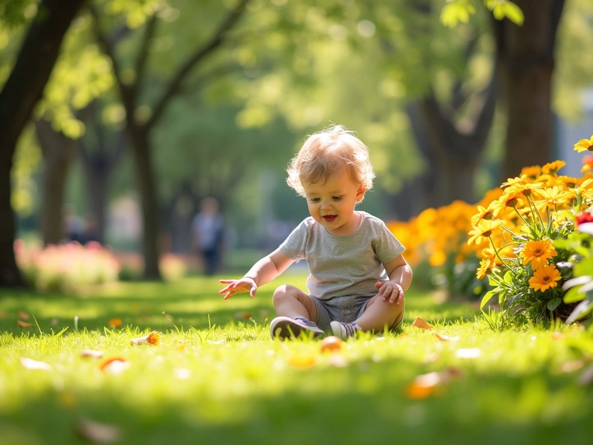 Copil jucându-se într-un parc însorit.