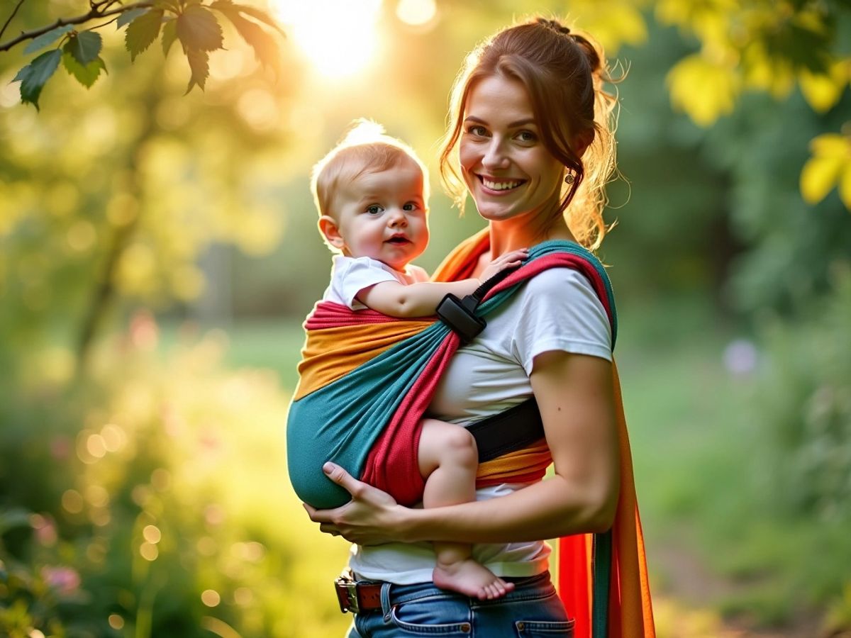 Mama poartă un bebeluș într-un wrap colorat.