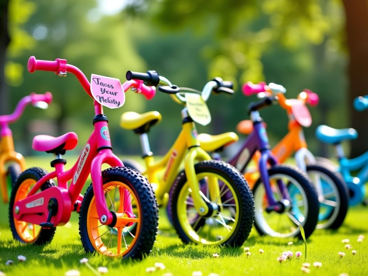 Biciclete colorate pentru copii într-un parc însorit.