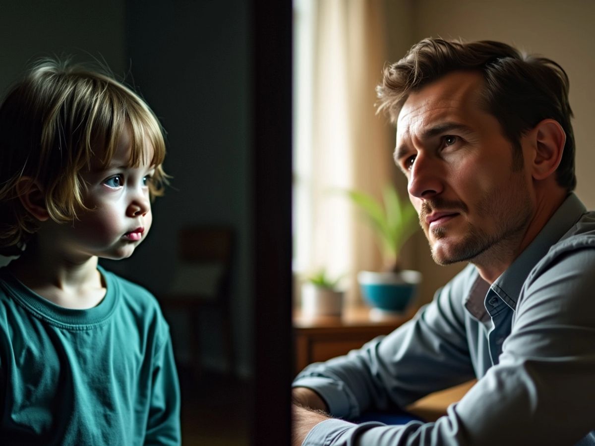 Copil într-o cameră întunecată și adult gânditor.