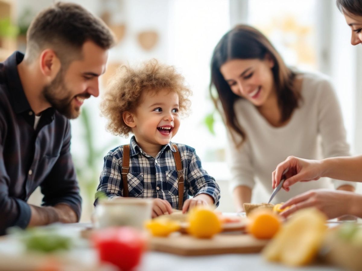 Copil implicat în activități de familie, zâmbind.