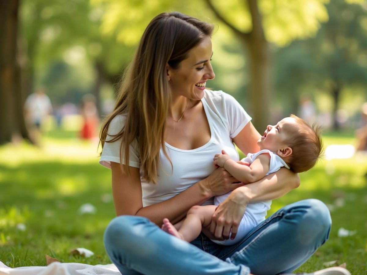 Mama alăptează un copil într-un parc.