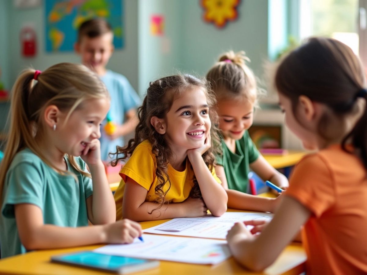 Copii zâmbind și colaborând într-o clasă colorată.