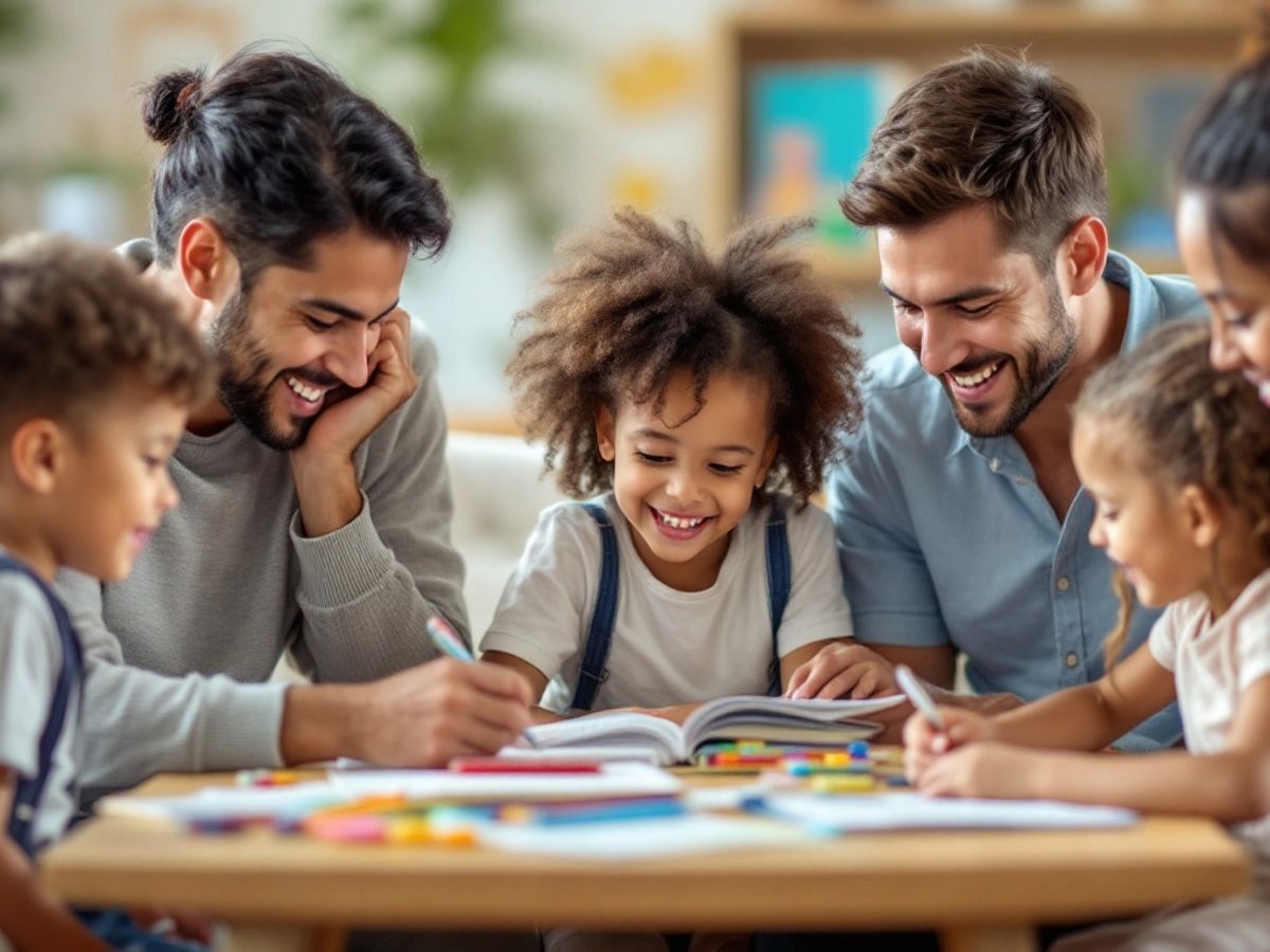 Familie care învață împreună cu copiii.