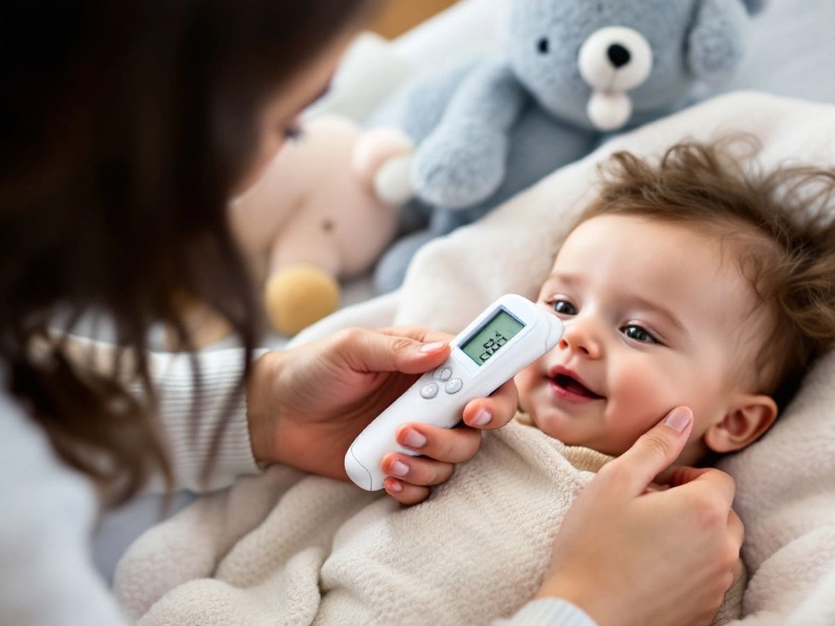 Părinte verificând temperatura unui copil cu termometrul.