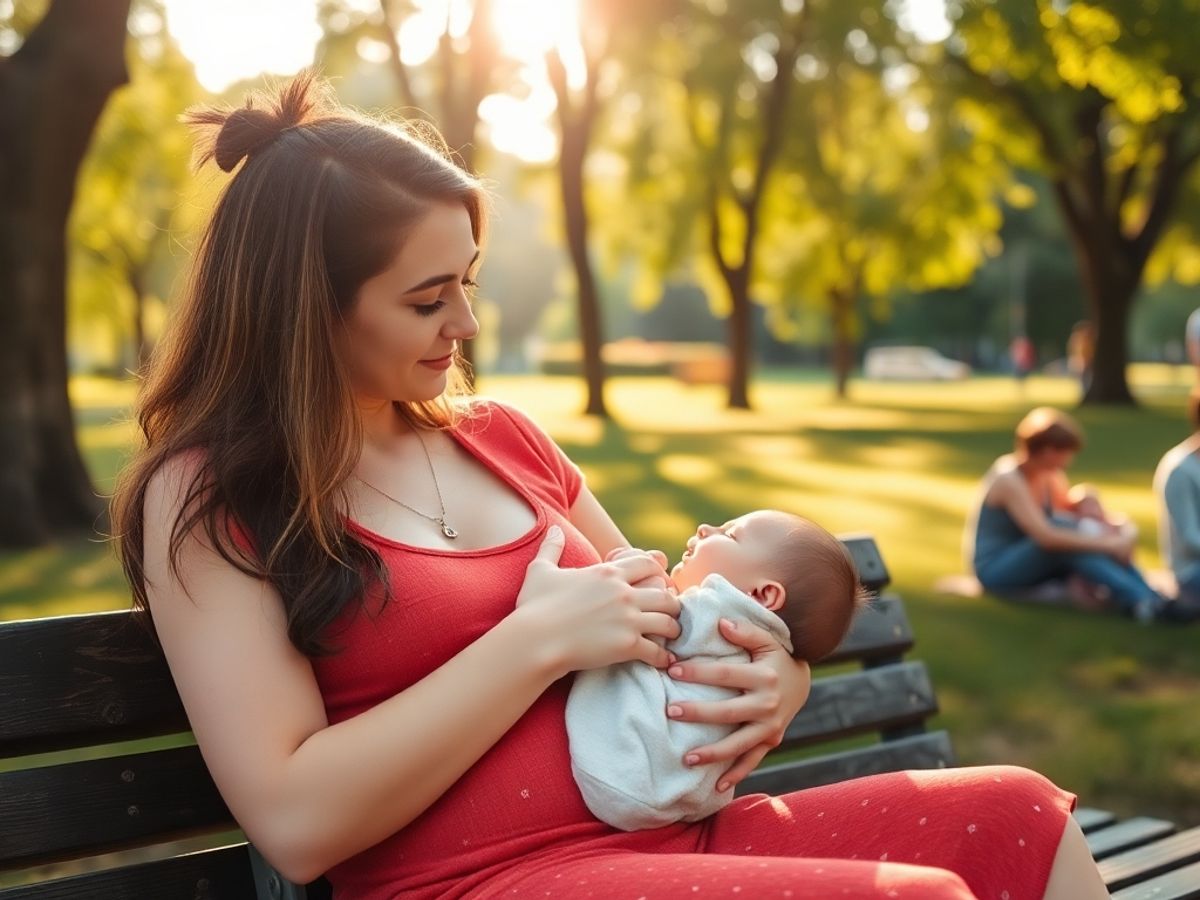 mamă alăptând un bebeluș într-un parc