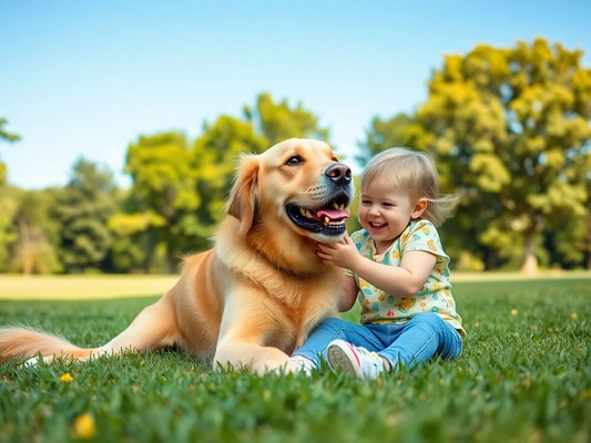 Un copil jucându-se cu un câine terapeuți.