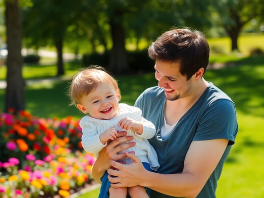 Părinte zâmbind cu copilul într-un parc însorit.