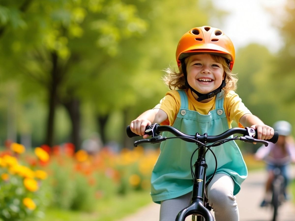 Copil fericit pe bicicletă într-un parc însorit.