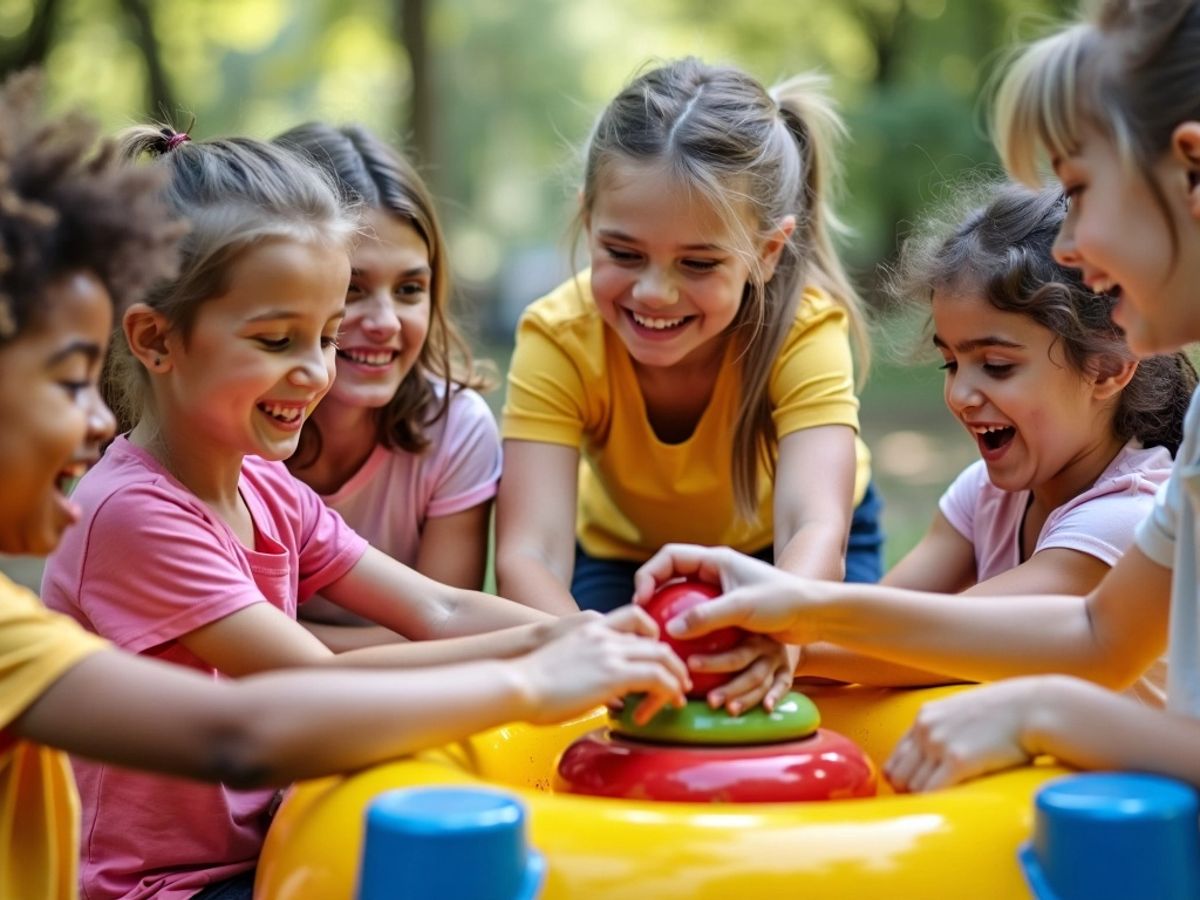 Grup divers de copii jucându-se împreună în aer liber.