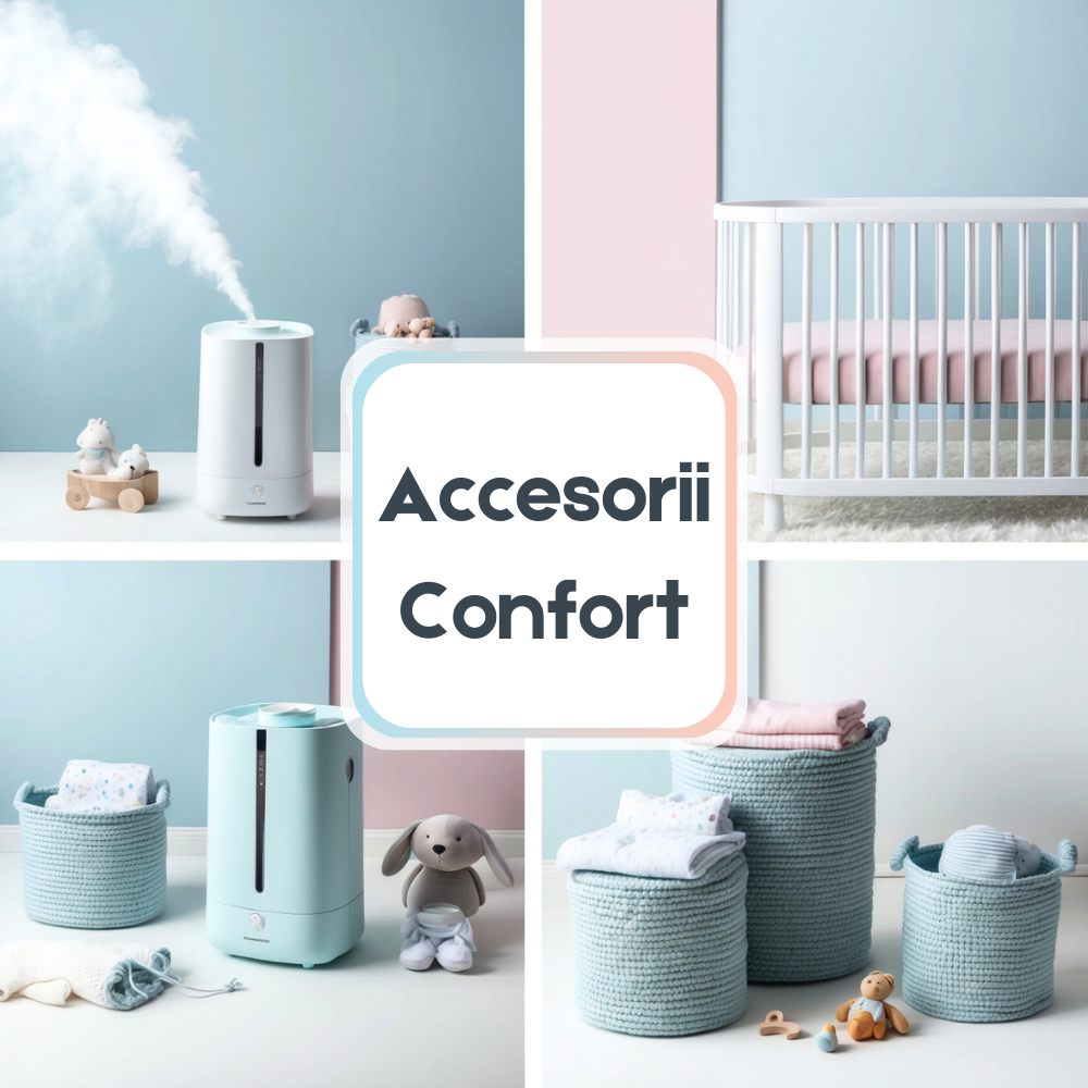 Accesorii pentru Confort, Umidificatoare moderne și coșuri de depozitare estetice pentru camera copilului, într-un decor pastelat și organizat.