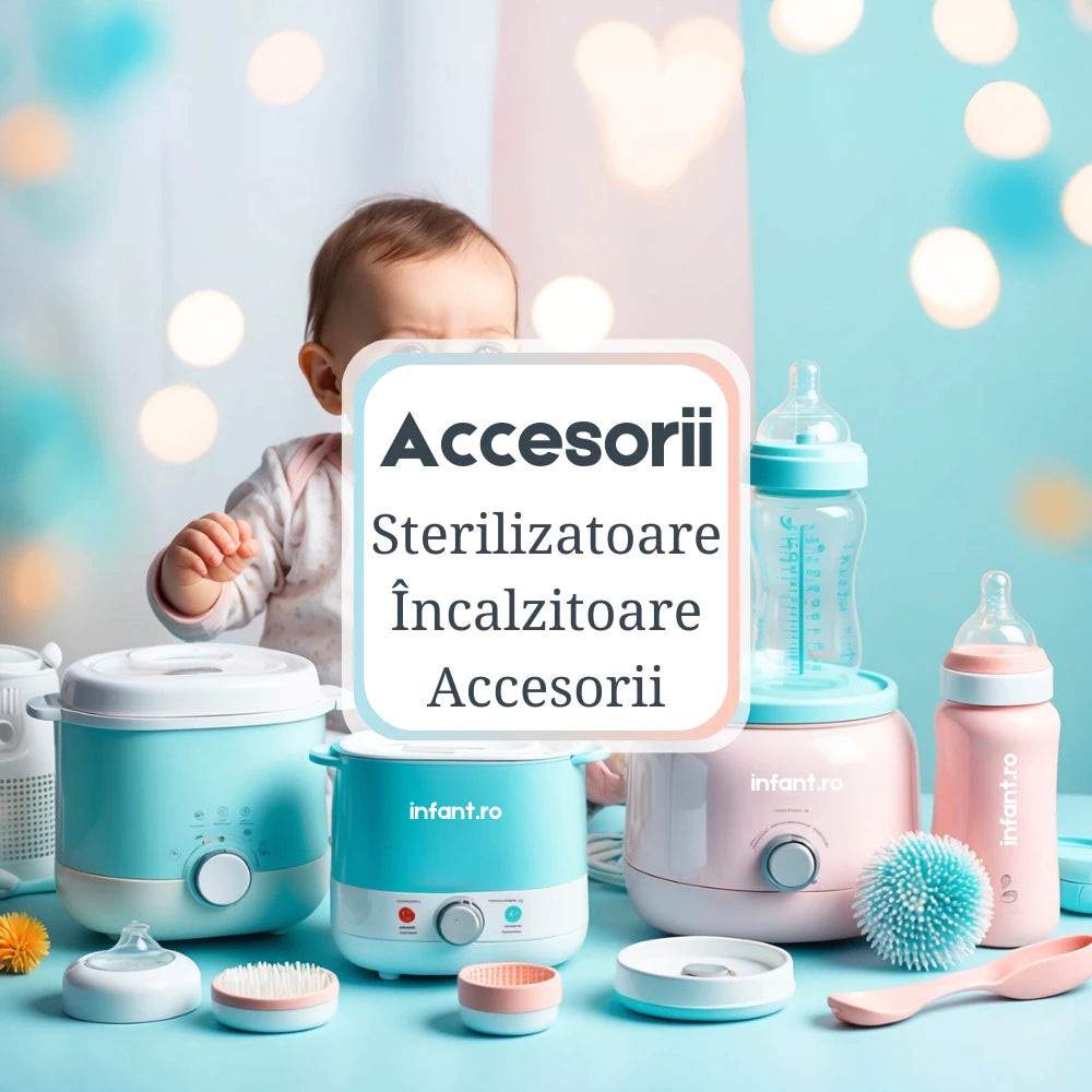 Imaginea prezintă o colecție de sterilizatoare pentru biberoane, disponibile în variante electrice și pentru microunde, ubliniind eficiența și ușurința în utilizare ale acestor produse pentru menținerea igienei biberoanelor și accesoriilor bebelușilor.