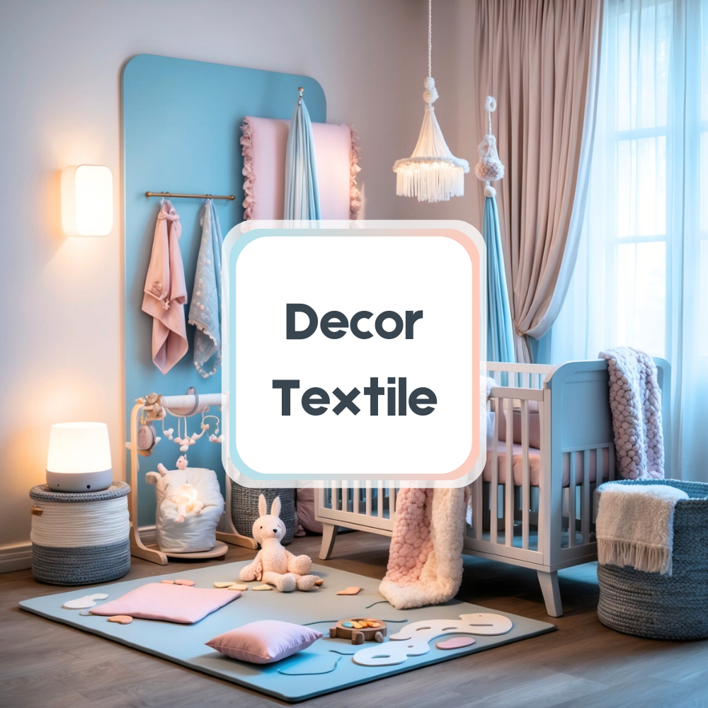 Decor și Textile, Soluții elegante și confortabile pentru camera copilului, incluzând lenjerie pentru pătuț, pături, covorașe de joacă și iluminat nocturn.
