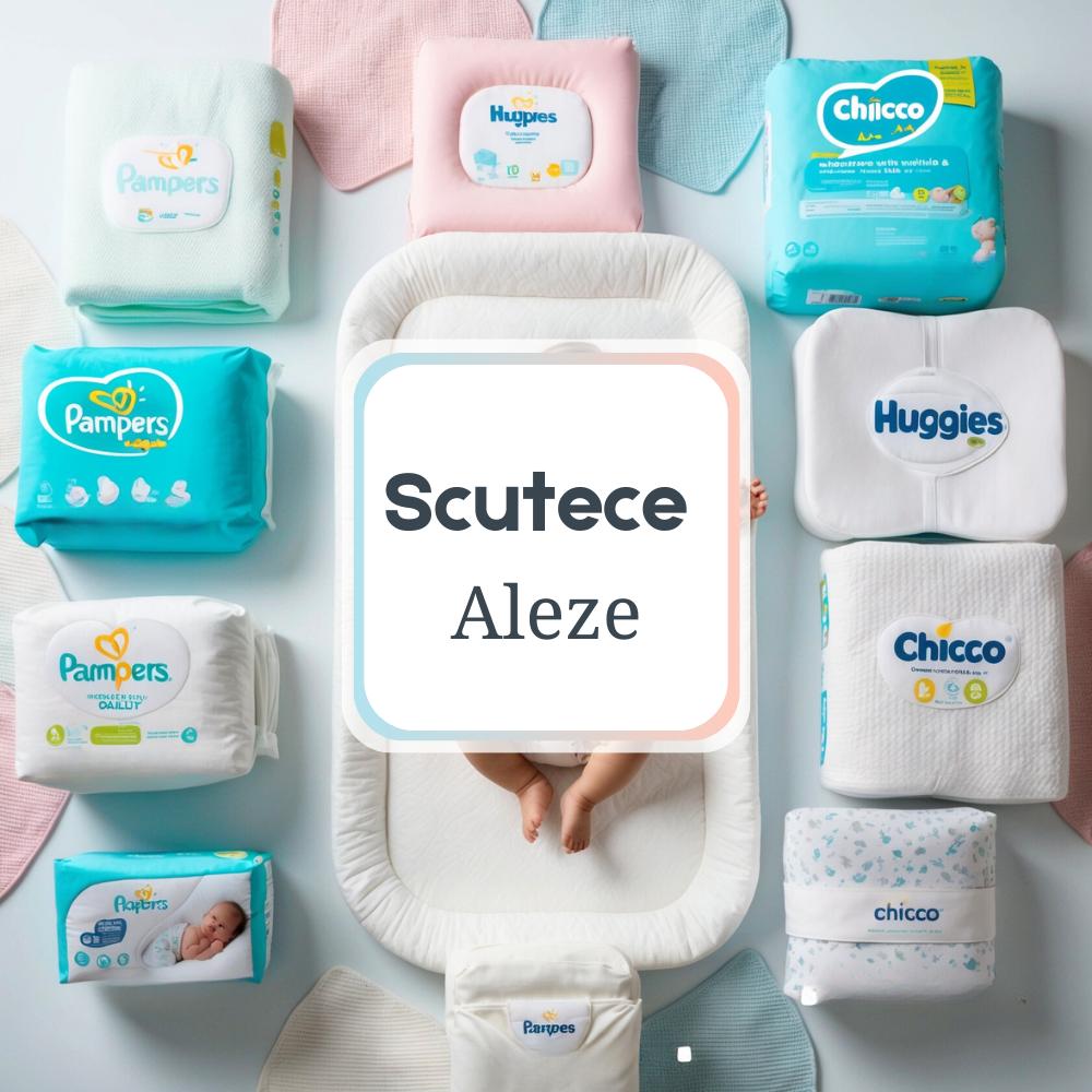 Imaginea prezintă o colecție de aleze pentru bebeluși de la branduri precum Dalin, Pampers, și Happy,  subliniind proprietățile rezistente la apă și respirabile ale acestor produse.