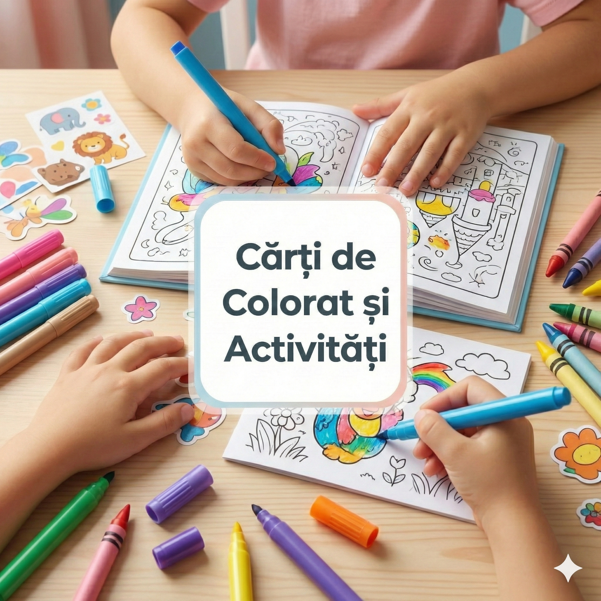ărți de colorat pentru copii - mâini de copil colorând într-o carte cu markere și stickere colorate