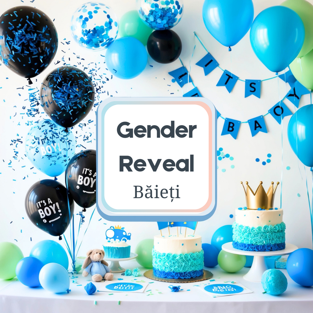 Gender Reveal Băieți, Elemente festive pentru dezvăluirea genului masculin, cu baloane, confetti albastre și decor tematic.
